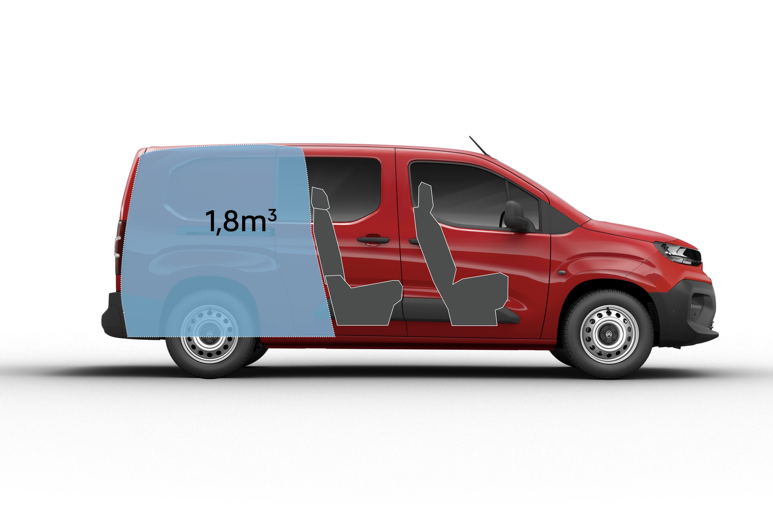 Side view of the Citroën Berlingo Van in red, highlighting its cargo area and seating configuration.