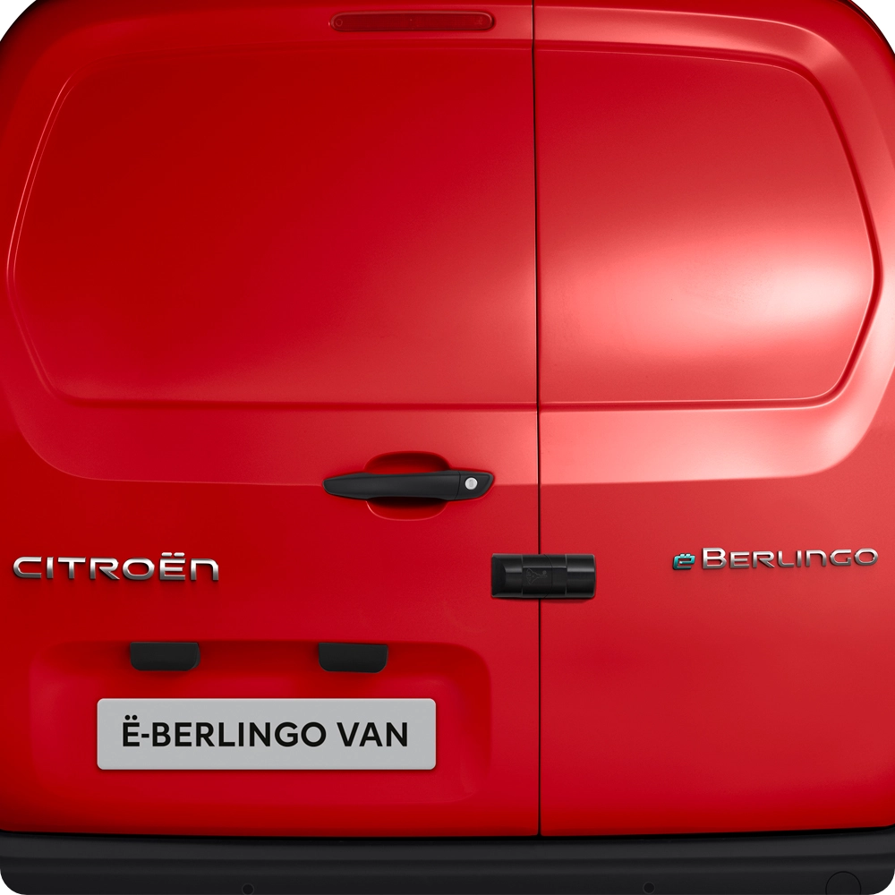 Rear doors of a red Citroën Berlingo Van, highlighting the reinforced locking system.