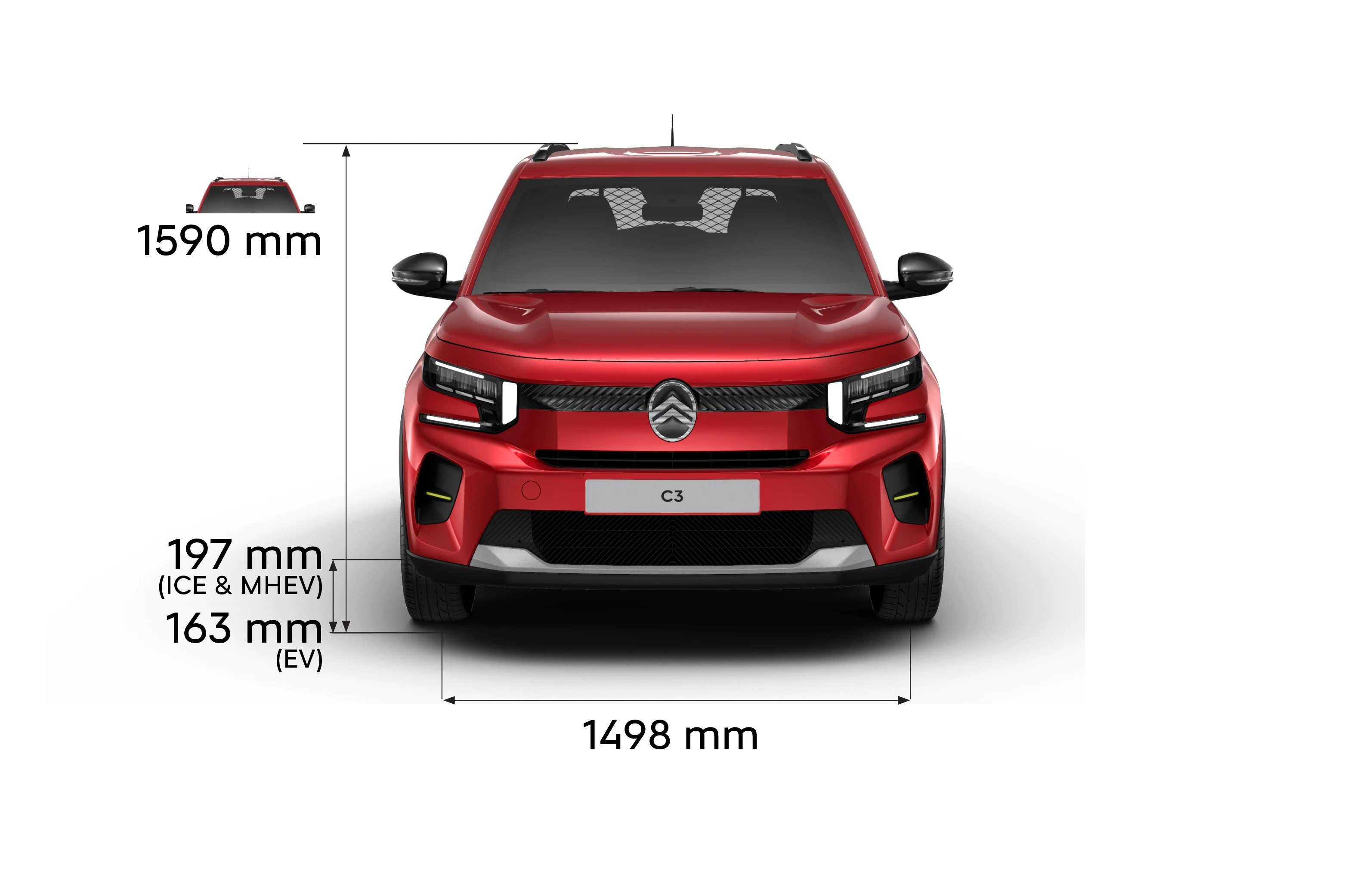 Frontansicht des Citroën ë-C3 Van mit Maßangaben, die Fahrzeughöhe, Breite und Bodenfreiheit hervorheben.
