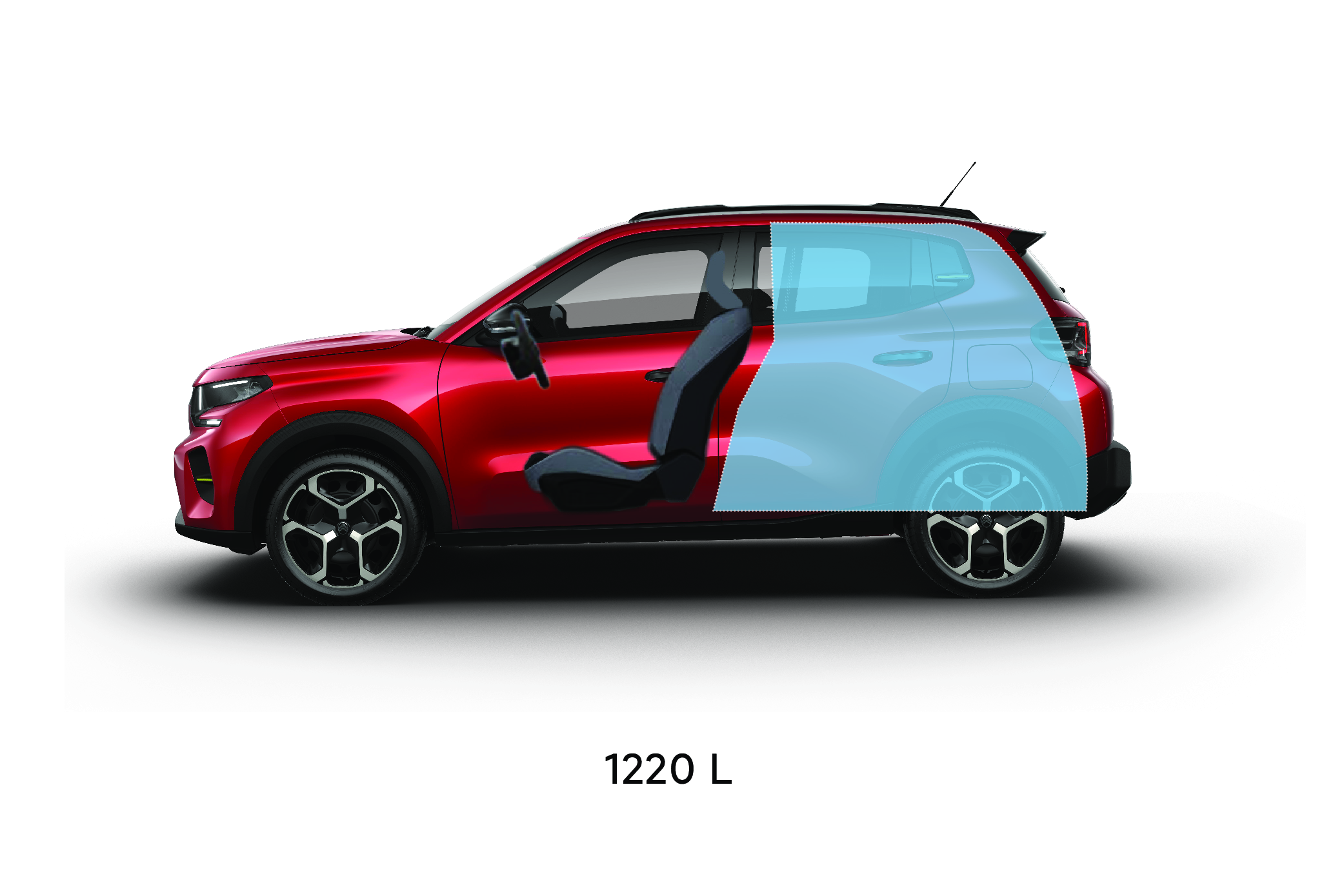 Side view of the Citroën ë‑C3 Van highlighting its maximum cargo capacity of 1,220 litres.