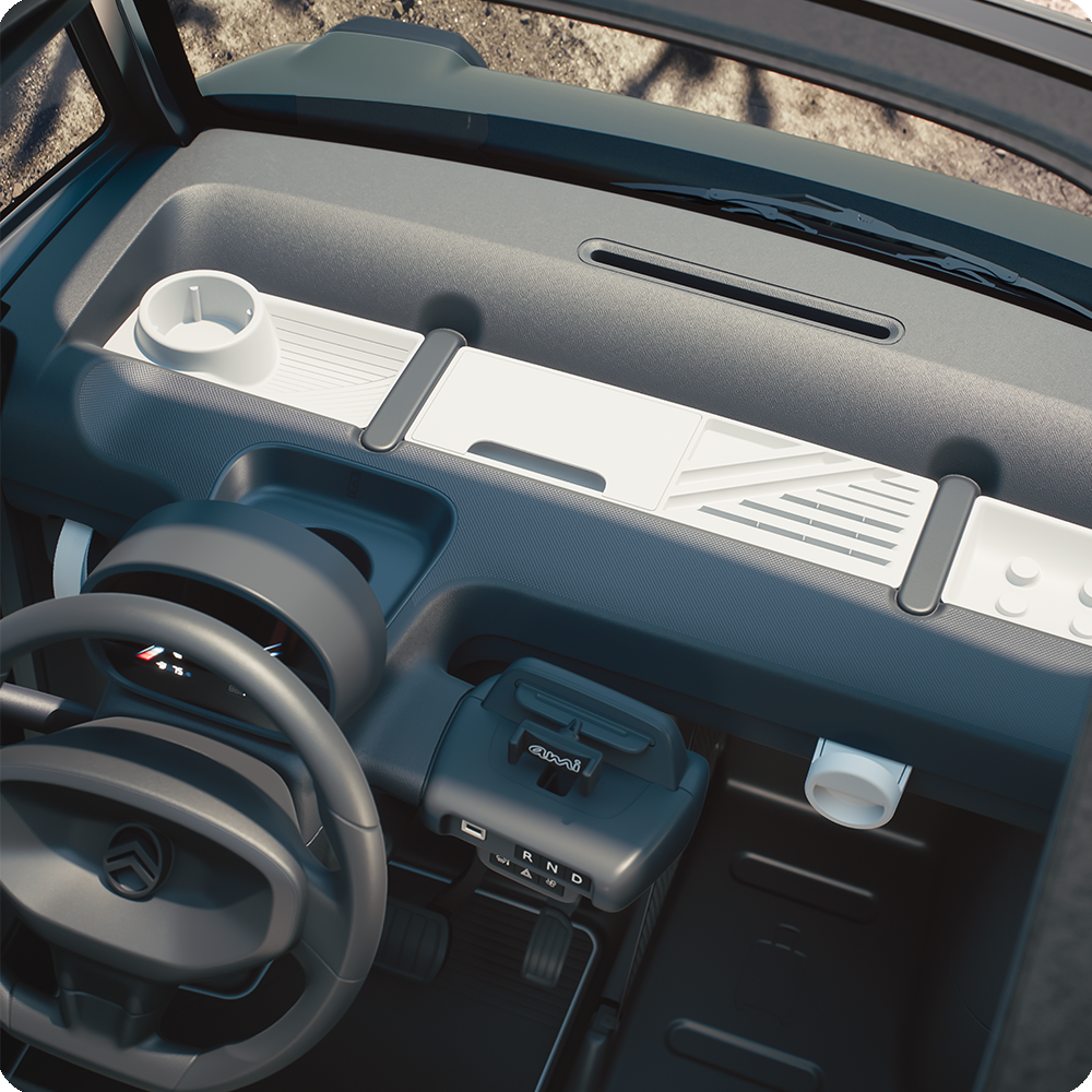 Draufsicht auf den Innenraum der Kabine des Citroën Ami Outdoor mit offenem Dach zeigt das elektrische Stadtfahrzeug für unkomplizierte Mobilität