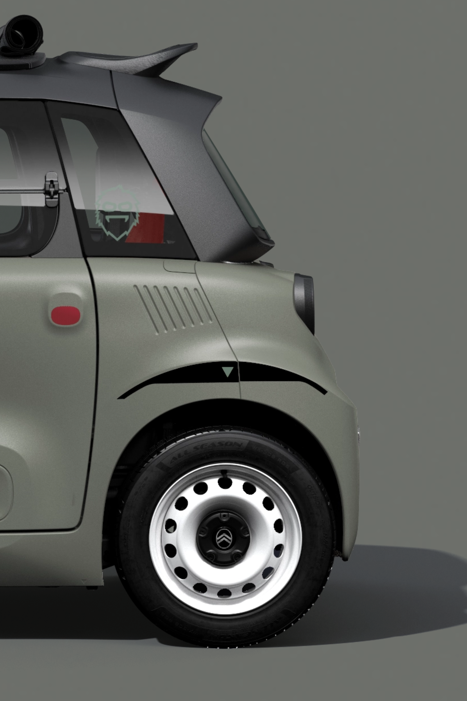 Frontansicht des Lenkrads im Citroën Ami Outdoor zeigt ein kompaktes, sicheres und zuverlässiges Design für innovative urbane Freiheit