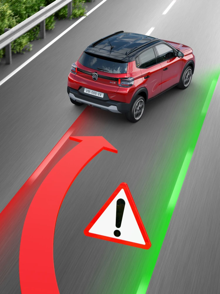Heck-Fahraufnahme des Citroën ë-C3 Elektro-SUV zeigt Spurhalteassistent für sicherere, selbstbewusste und erschwingliche Alltagsmobilität.