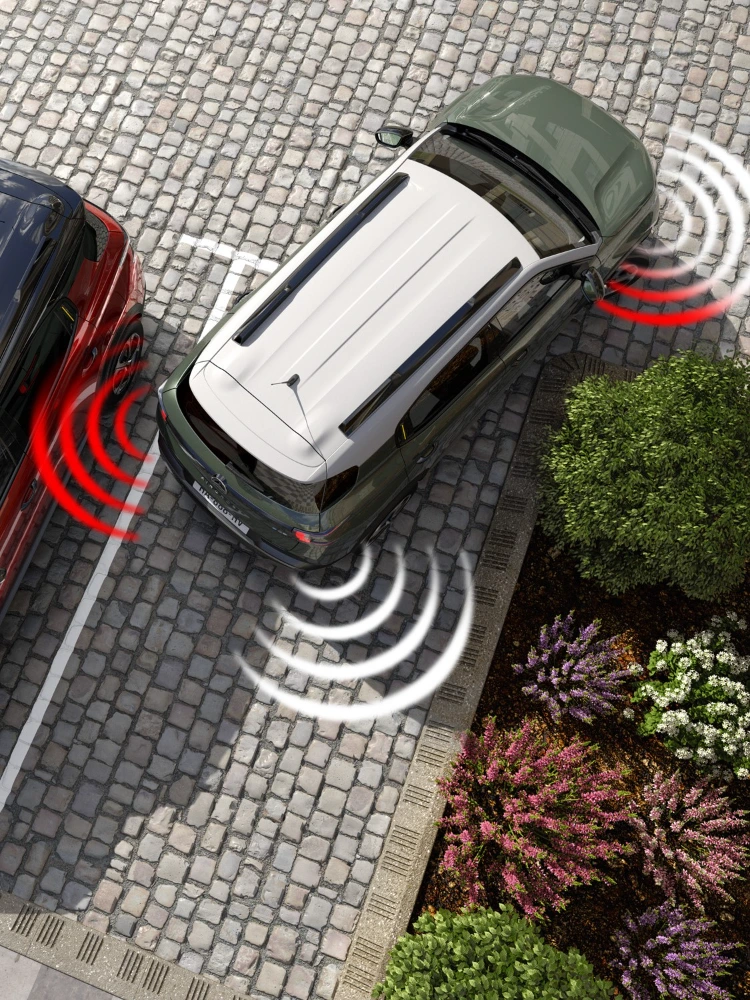 Draufsicht auf den Parkplatz des Citroën C3 Aircross SUV illustriert Hinderniserkennung für sicherere, einfachere und erschwingliche Alltagsmanöver.