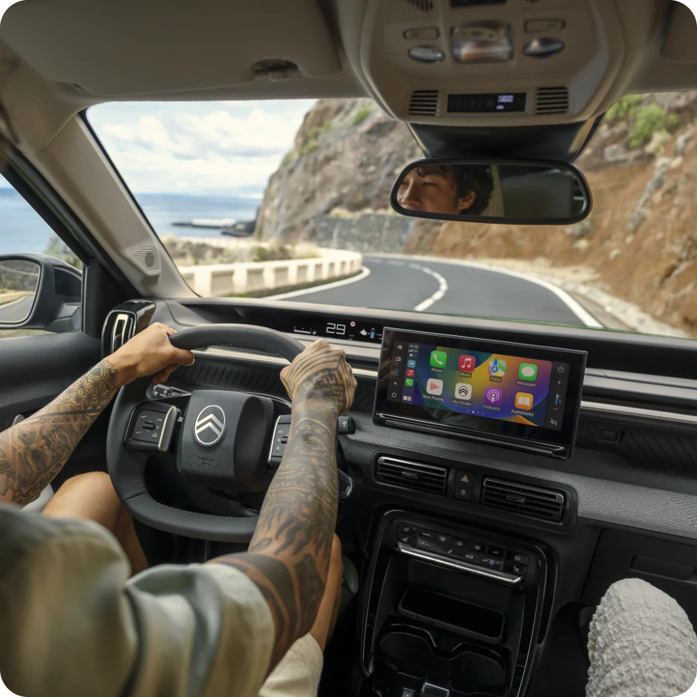 Interior cockpit view illustrating ë‑C3 Aircross safety technologies enhancing confident, comfortable and affordable everyday driving.