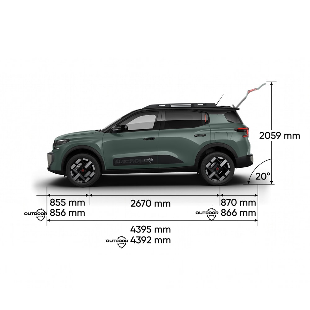 Multi‑angle view of Citroën ë‑C3 Aircross electric SUV showing full exterior dimensions and interior volumes for practical, affordable mobility.