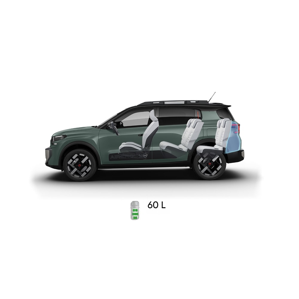 Multi‑angle view of Citroën ë‑C3 Aircross electric SUV showing full exterior dimensions and interior volumes for practical, affordable mobility.