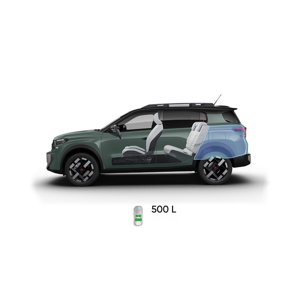 Multi‑angle view of Citroën ë‑C3 Aircross electric SUV showing full exterior dimensions and interior volumes for practical, affordable mobility.