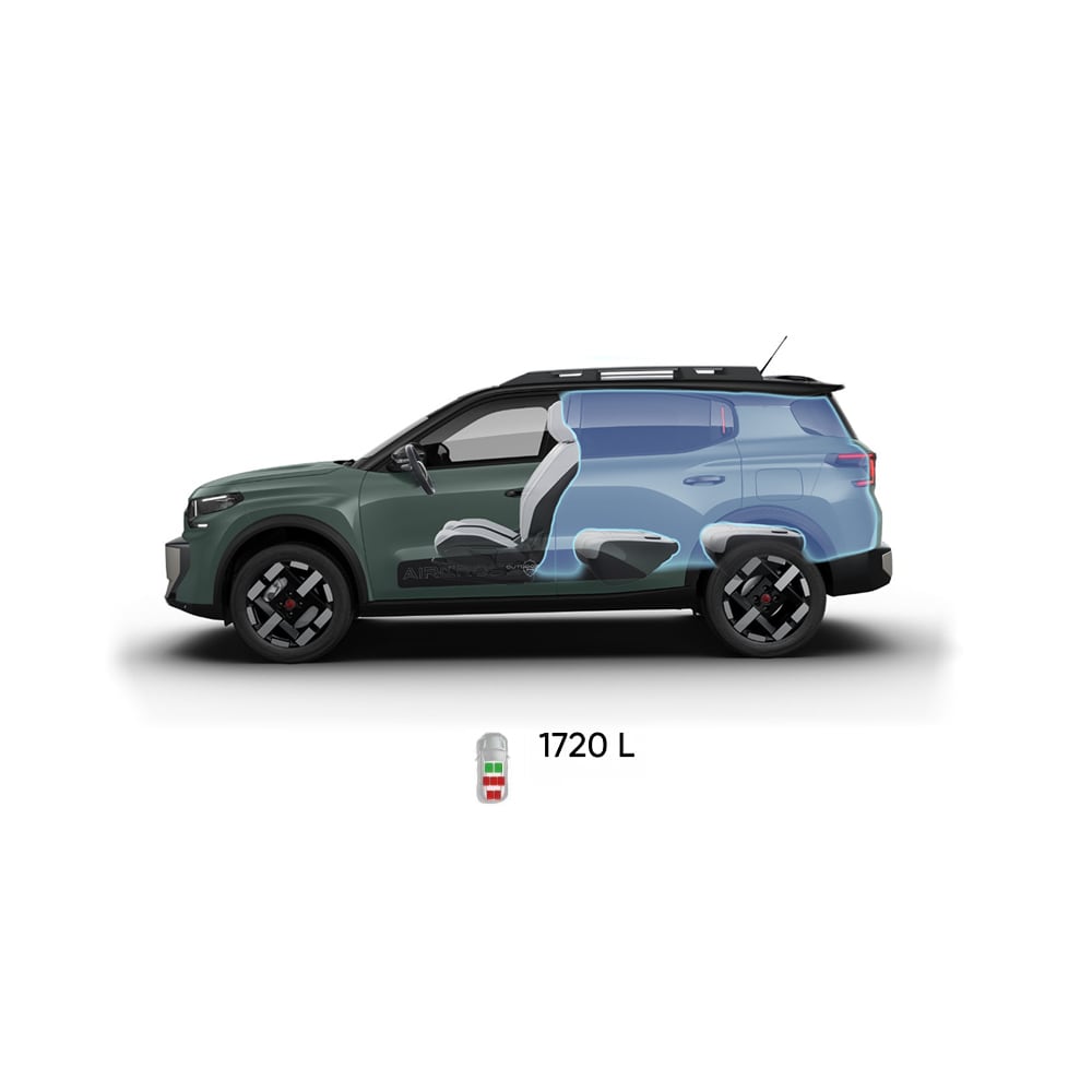 Multi‑angle view of Citroën ë‑C3 Aircross electric SUV showing full exterior dimensions and interior volumes for practical, affordable mobility.
