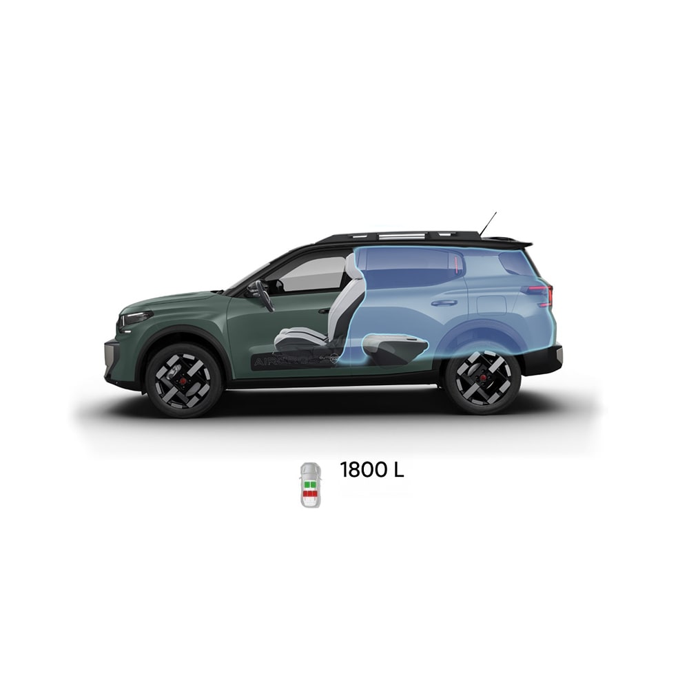 Multi‑angle view of Citroën ë‑C3 Aircross electric SUV showing full exterior dimensions and interior volumes for practical, affordable mobility.
