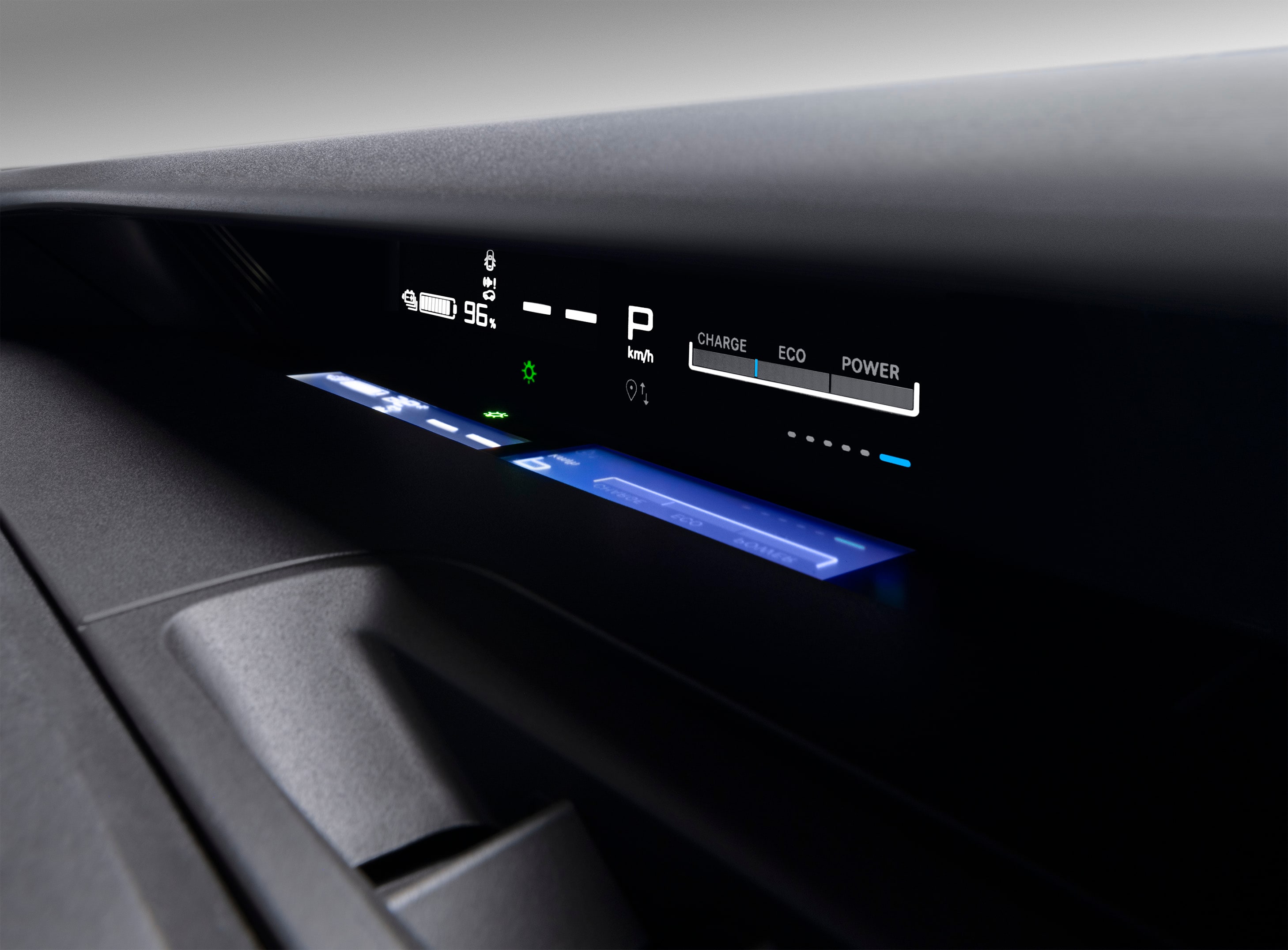 Nahaufnahme des Armaturenbretts des Citroën ë-C3 Elektro-SUV zeigt digitale Energieanzeige für intuitives, erschwingliches Stadtfahren.