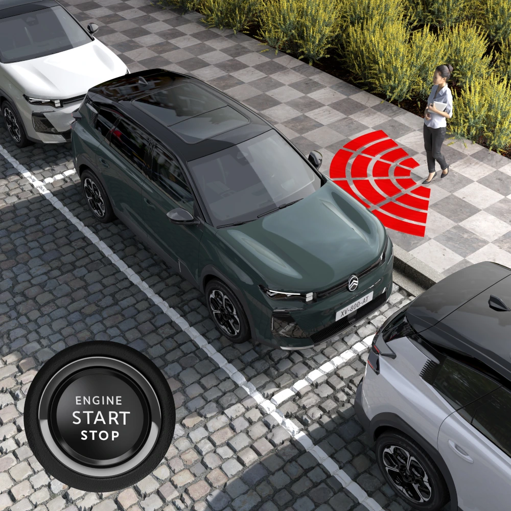 Dreiviertel-Draufsicht ë-C5 Aircross mit Keyless Entry & Start zeigt Technologie, Komfort und mühelosen Zugang