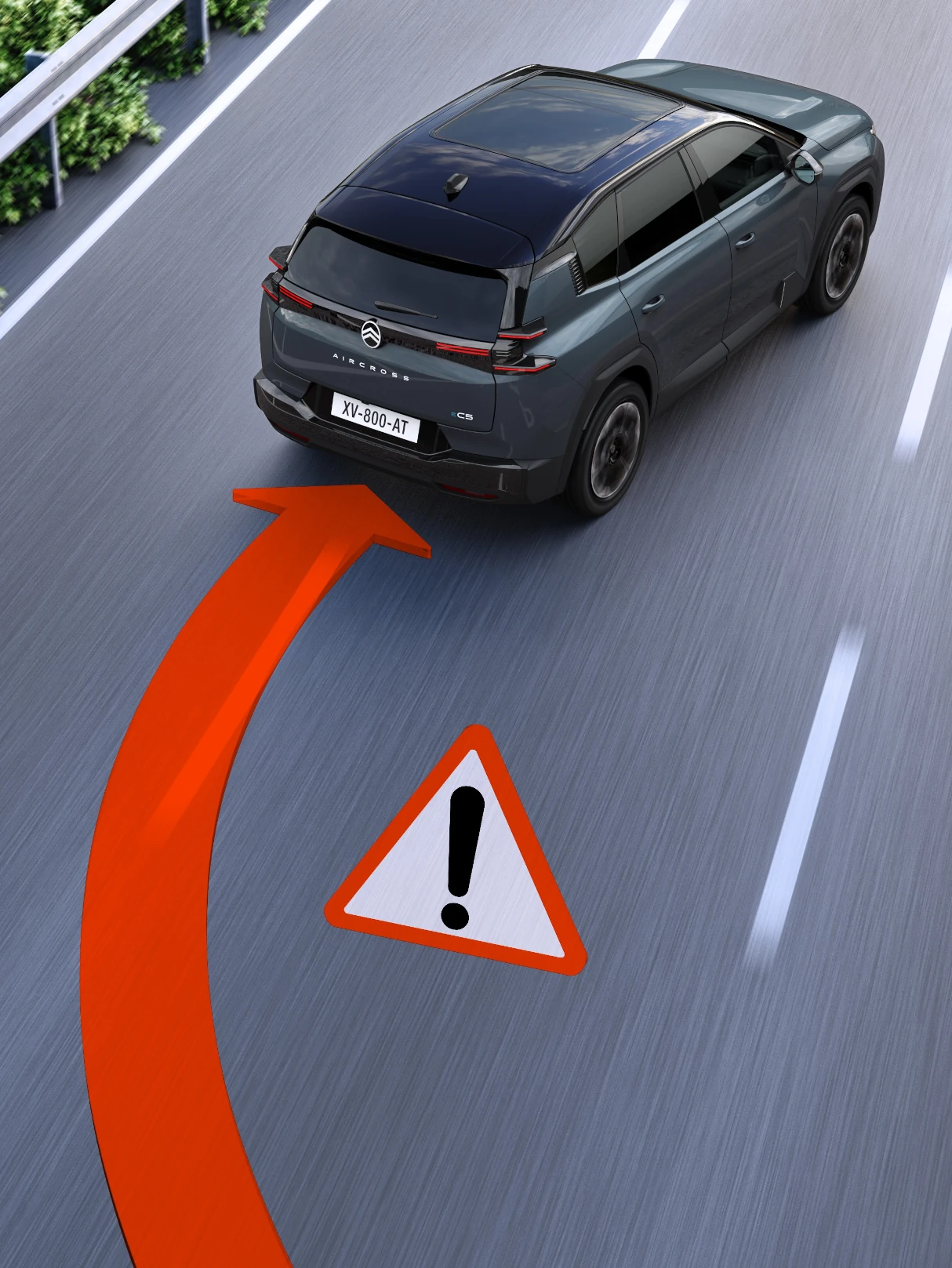 Dreiviertel-Heckansicht ë-C5 Aircross mit Spurverlassenswarnung verbessert Sicherheit, Sichtbarkeit und zuverlässiges Spurhalten