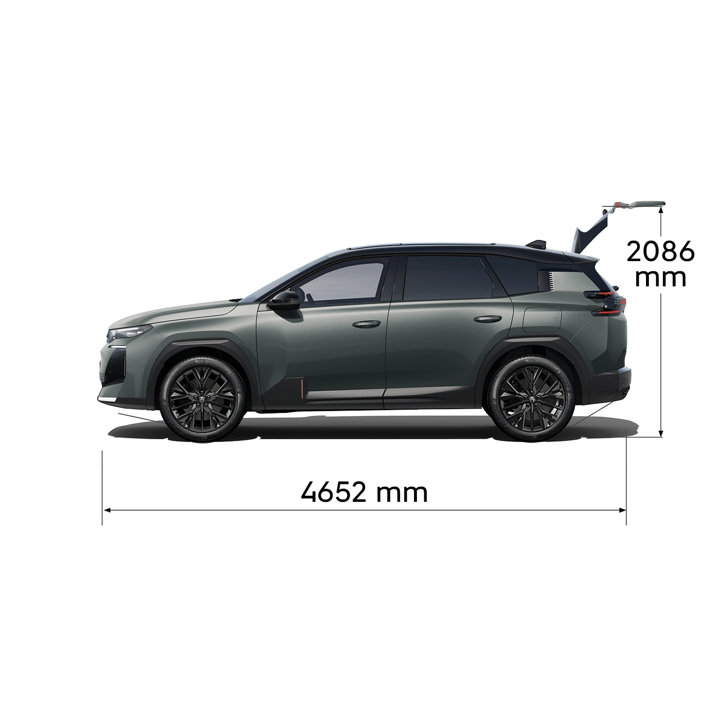 Technisches Maßblatt of C5 Aircross zeigt Front-, Heck-, Seiten- und Draufsichten mit Außenmaße und Kofferraumvolumen