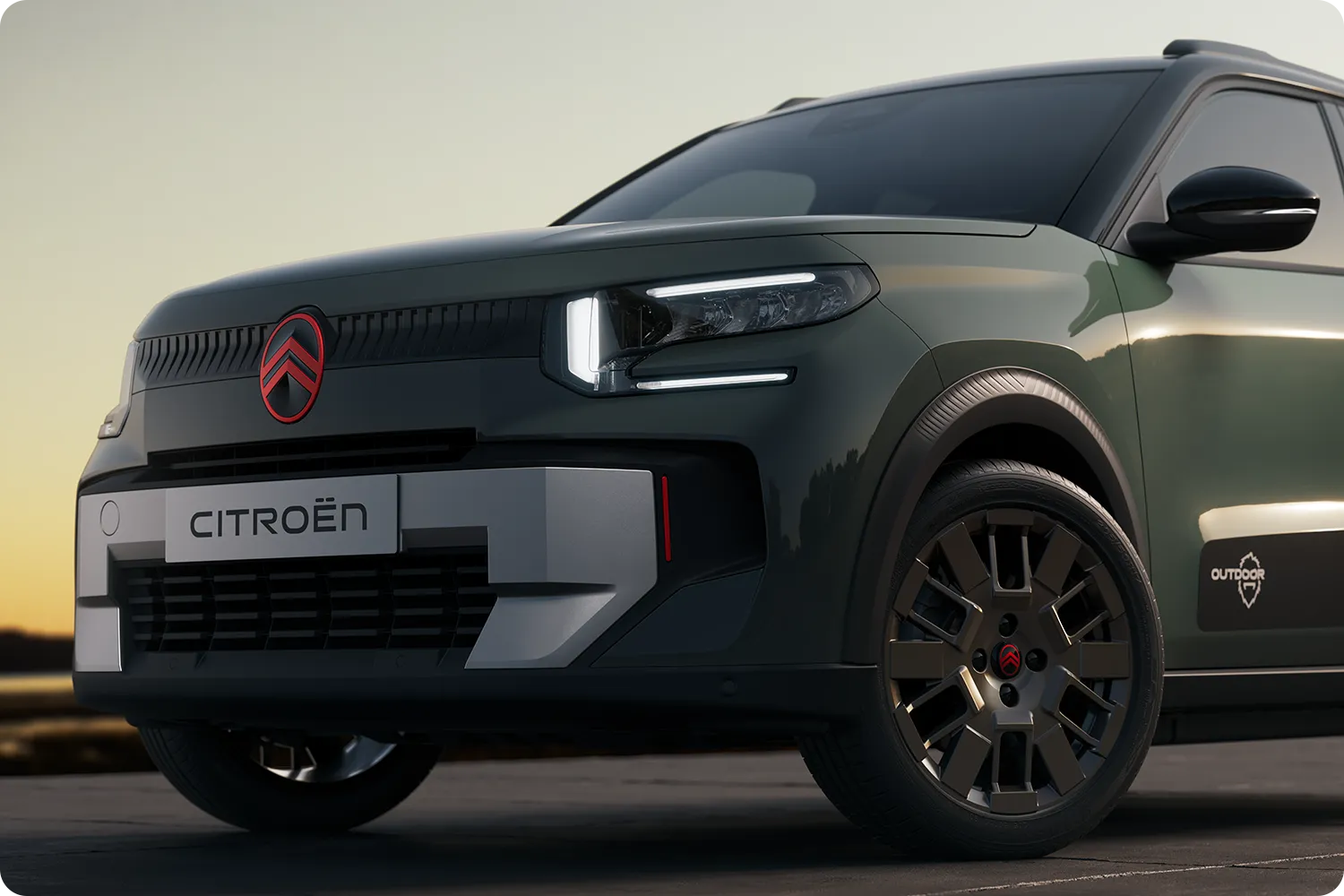 Frontansicht des Innenraums des Citroën C3 Outdoor mit Advanced-Comfort-Sitzen und geräumiger Fahrgastzelle eines kompakten SUV für all Ihre Fahrten.