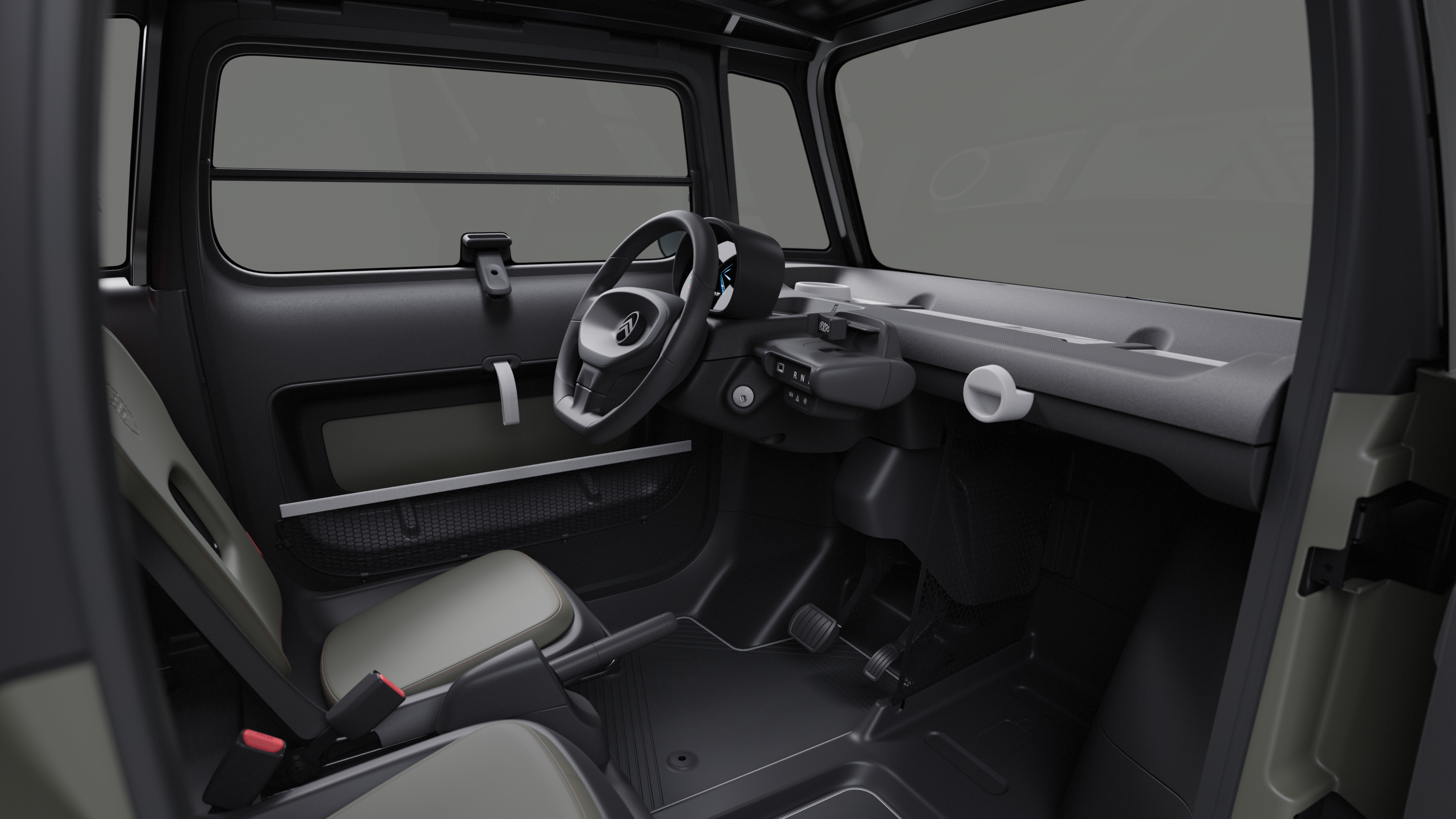 Innenansicht des Cockpits des Citroën Ami Outdoor zeigt das minimalistische Armaturenbrett und die Kabine des Citroën Elektrofahrzeugs für Fahrten mit einem urbanen Kleinstfahrzeug